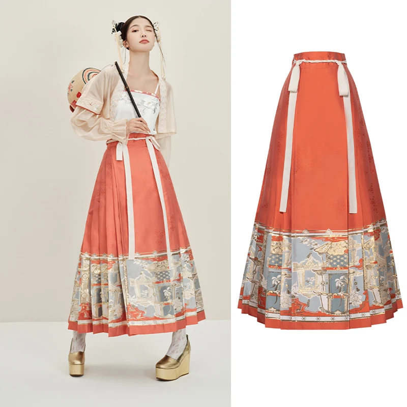 

Red Hanfu Skirt Chinese Traditional Ancient Women Daily Clothes Ming Dynasty Horse Face Skirt Folk Dance Stage Clothing DQL7608