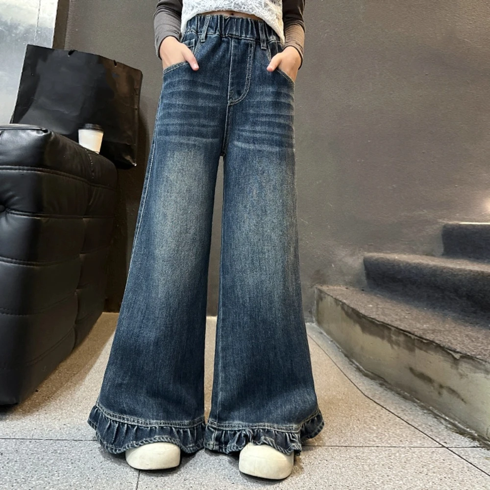Wide Leg Pants Teen Girl Jeans Straight High Waist Children Ruffled Jeans Long Loose Streetwear Girls Denim Trousers