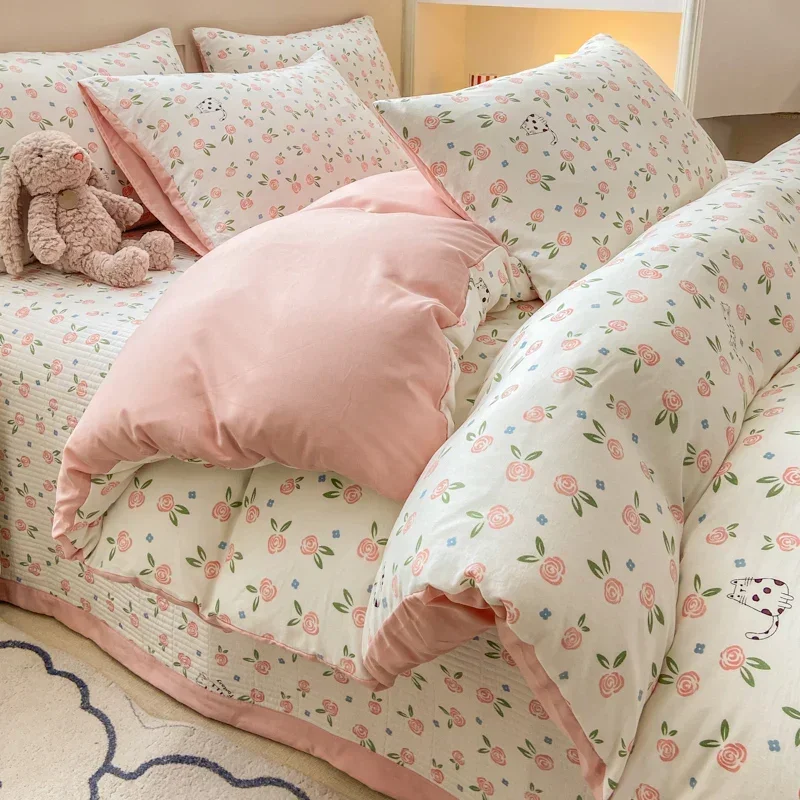 Plant Floral Duvet Cover 3 Piece Set, Cute Cartoon Cat Pattern Bedding Set, Women Kids Girls Bedroom Decorative Pink Quilt Cover 6
