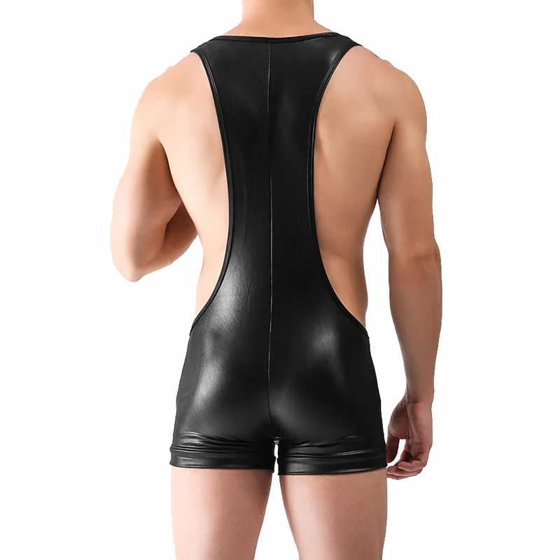 Sexy Men Bodysuits PU Leather Jumpsuit Glossy Wrestling Singlet Undershirt Shorts Suspender Teddies Underwear One-Piece Clubwear