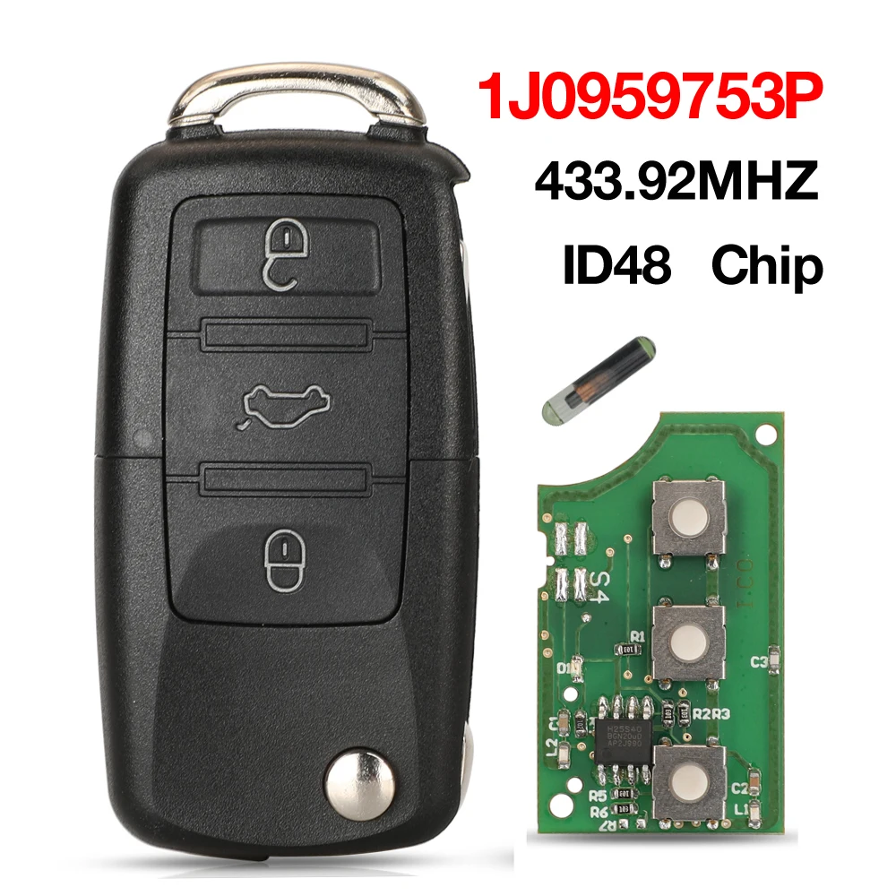 

Jingyuqin 3 Buttons 434MHz ID48 Flip Remote Control Car Key For Volkswagen VW Beetle Golf Jetta Passat 2011-2015 1J0959753P