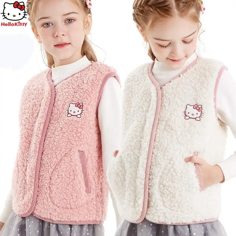 

Sanrio Hellokitty Winter Sleeveless Vest Clothes Coat Double Fleece Warm School Child Girl Coat Children Outerwear Clothing