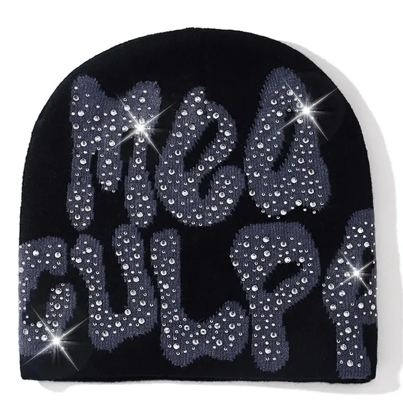 

2023 NEW Y2K MEA Culpa Beanies Hat with Rhinestone for Women Men Beanies Hats Hip-hop Soft Stretch Warm Knitted Slouchy Cap