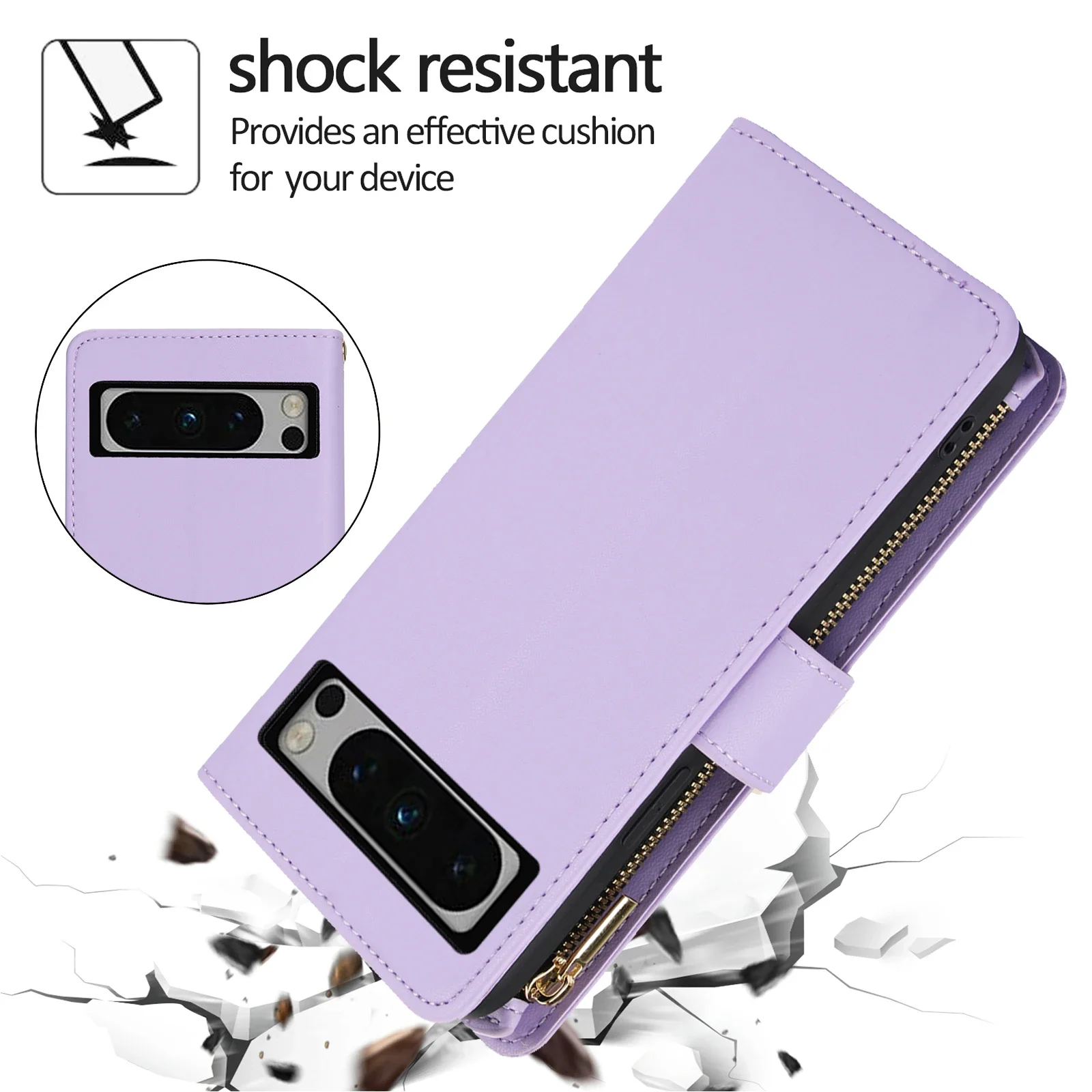 Custodia per telefono in pelle di vibrazione con cordino lungo di lusso per Google Pixel 8 Pro 7 7A 6 6A Portafoglio con cerniera con corda da polso Multi Card Cover Coque Bag_voghion.com