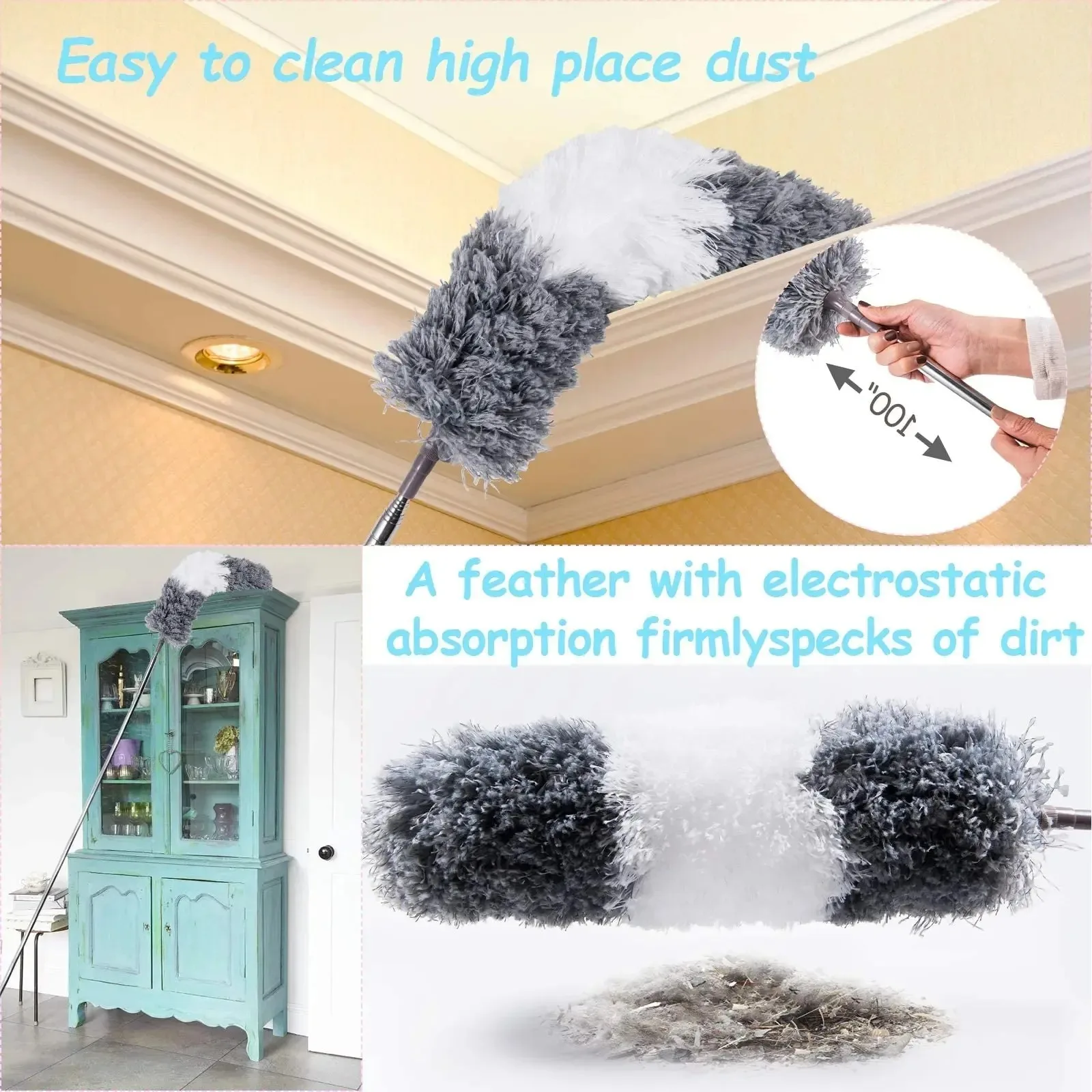 Microfiber Dust Brush Multifunctional 250 cm Telescopic Washable Duster Long Extendable for Spider Web Remover Dust Cleaning