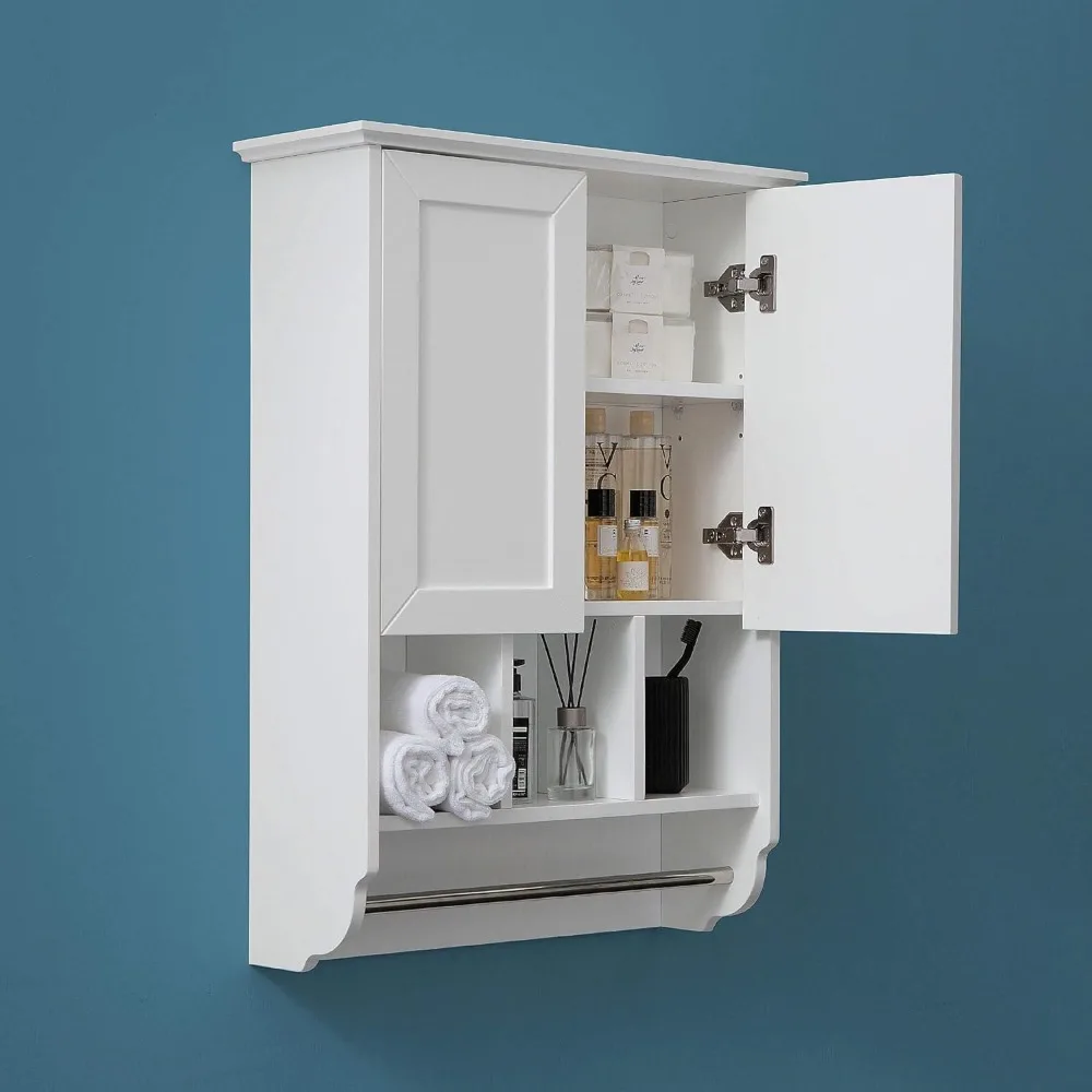 

White Bathroom Wall Cabinet with Towel Bar,Wooden Medicine Cabinet Adjustable Shelves,23x32 Inch Kitchen Cabinet