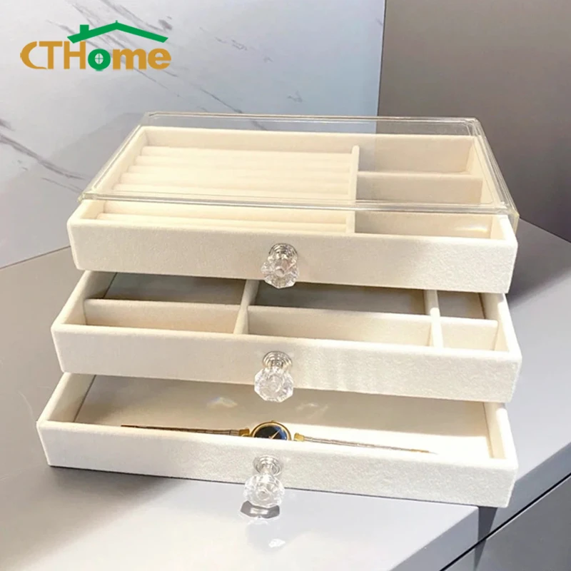 

Jewelry Storage Box Flocking Acrylic Earrings and Studs Necklace Display Box Home Decoration Desktop Drawer Jewelry Organizer