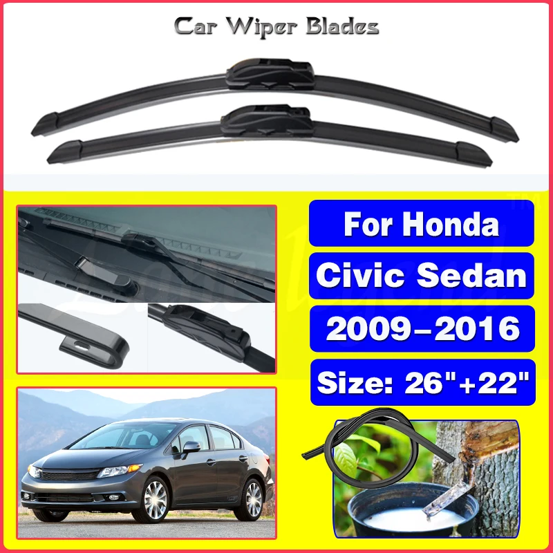 Front Wiper Blades For Honda Civic Sedan 2009 - 2016 Windshield Windscreen Brushes Cutter Accessories U J Hook 2014 2015 26+22