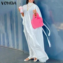 

Women Sundress Summer Long Sleeve Holiday Party Striped Dress VONDA 2022 Mock Neck Elegant Maxi Dresses Vestidos Oversized