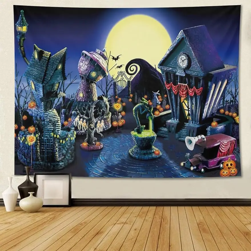 

Disney Tapestry Nightmare Themed Party Backdrop Before Christmas Photography Night and Pumpkins Decoration Wall Hanging