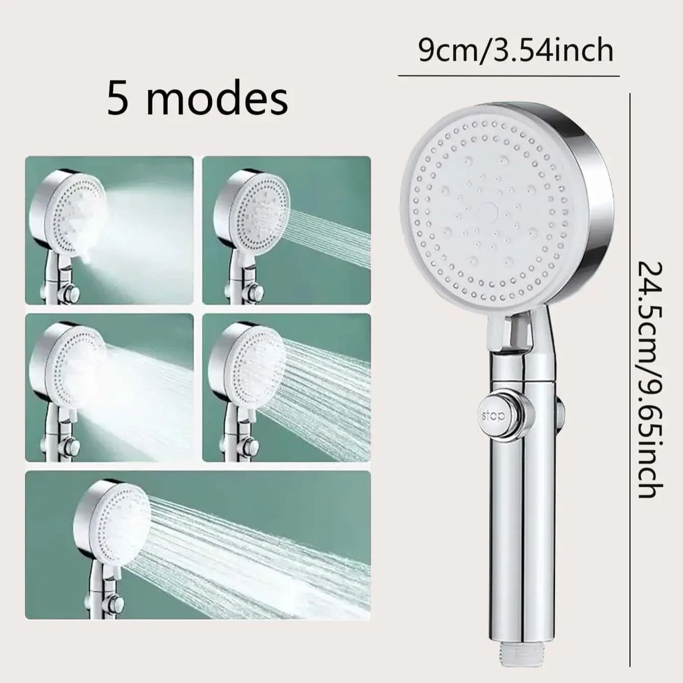 1pc Universal Shower Head - Adjustable Five speed boost  Water Saving,  Silvery Finish, Bathroom Accessories