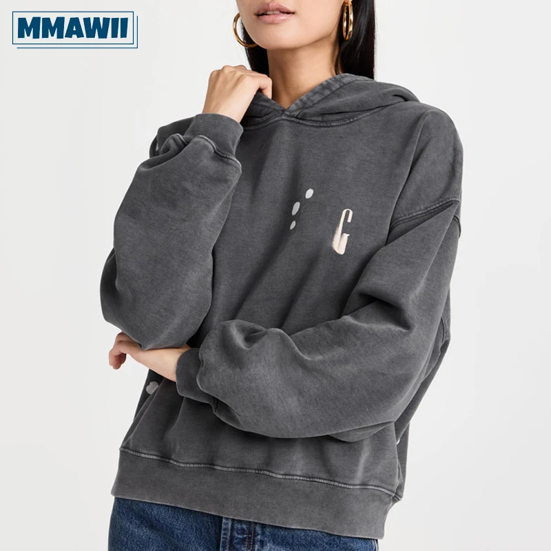 

MMAWII Letter Print Casual Loose Women Hooded Sweatshirts 2023 Autumn Winter New Fashion Pullover Female Vintage Hoodie Tops