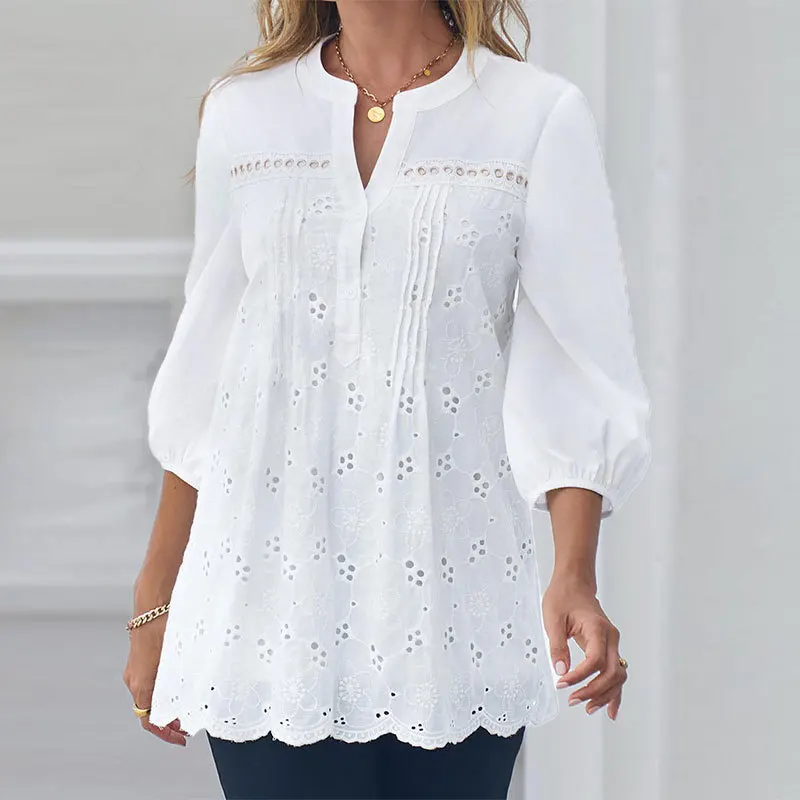 Summer Clothes for Women All-match White V-Neck Hollow Out Pullover Nine Points Sleeve Blouse Lace Slim Elegant Shirt Tunic