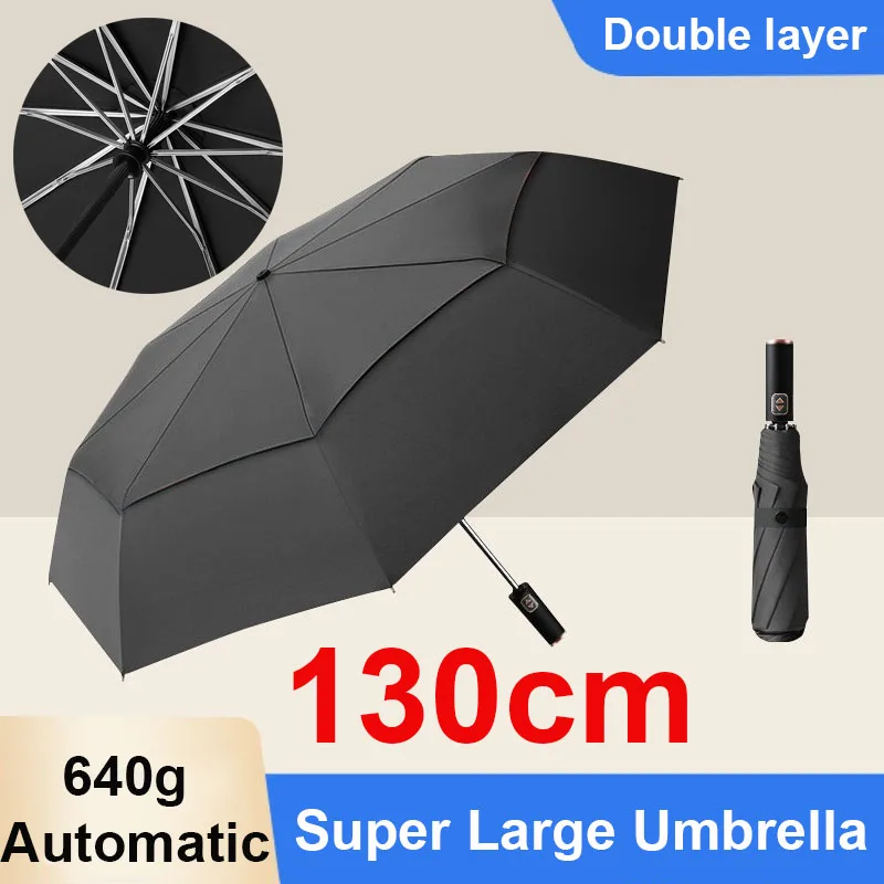 Umbrella Automatic Double Layer 130 cm Windproof Weatherproof 3 Folding for Men Business Travel Sunny Rainy