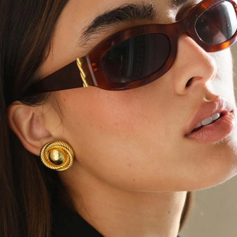 Vintage Stainless Steel Double Layer Striped Texture Stud Earrings for Women Statement Gold Plated Round Earrings Luxury Jewelry