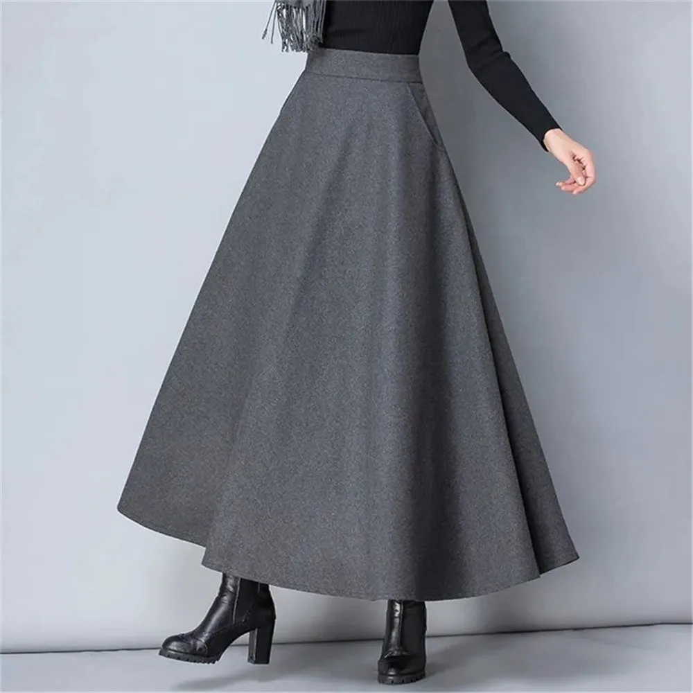 

Winter Women Long Woolen Skirt Fashion High Waist Mom Basic Wool Skirt Female Casual Thick Warm Black Elastic A-Line Maxi Skirts