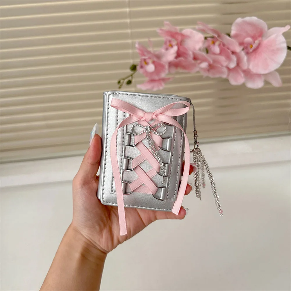 Girl Sweet Wallet with Ribbon Bows Simple Tri-Fold Multi Card Slots Short Wallet for School Travel Home women wallet
