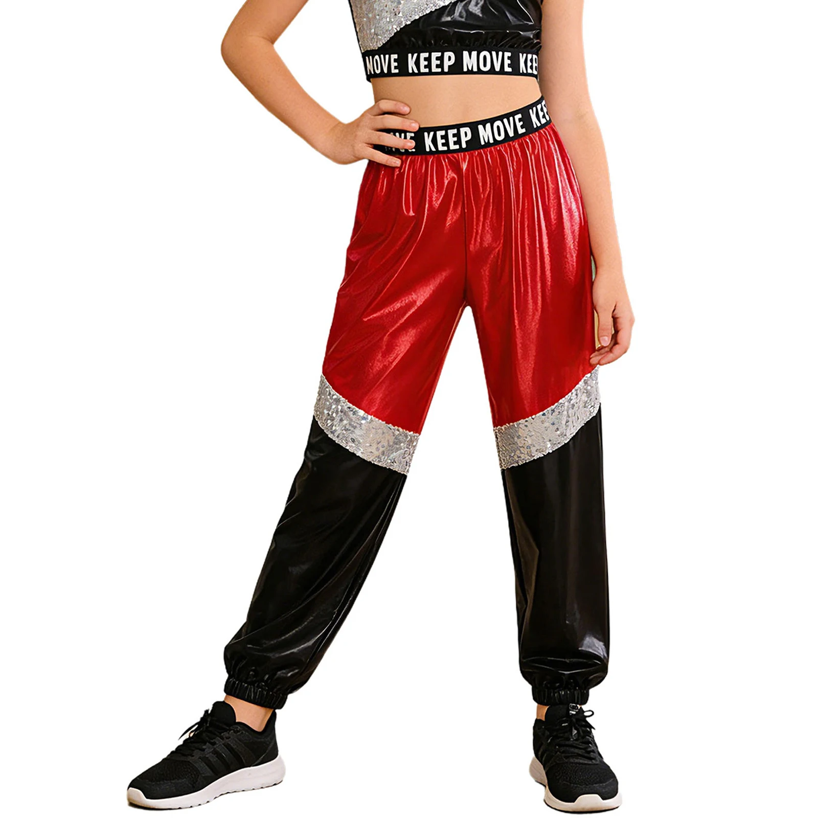 Kinder Mädchen Disco Hip Hop Jazz Tanzkostüm Hose Buchstabendruck Elastischer Bund Funkelnde Pailletten Farbblock Metallic-Hose – Detail 5