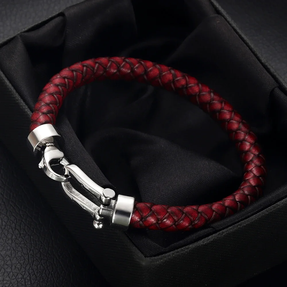 Magna Steel Men's Braided Genuine Leather Cuff Bracelet - Stainless Steel Clasp, 8" With Gift Box