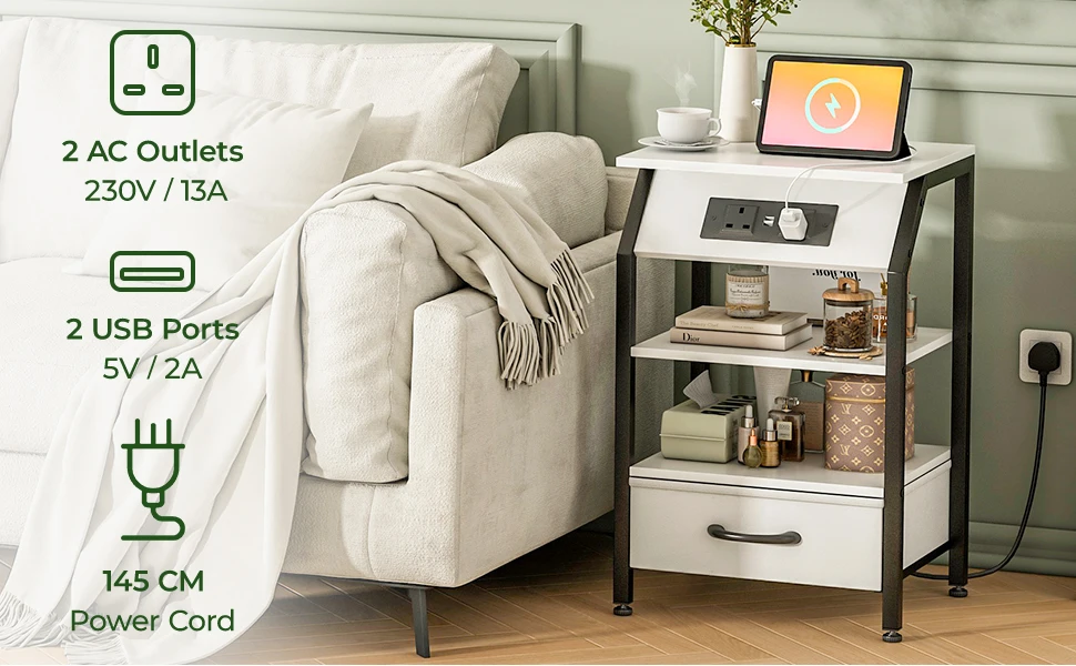 Night stands have 2AC Outlets, 2 USB Ports and 145cm Power Cord