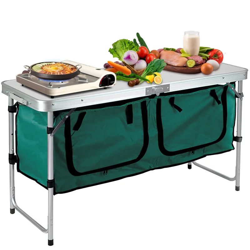 VEVOR Camping Kitchen Station, Aluminum Portable Folding Camp Cook Table with Storage Organizer and 4 Adjustable Feet, Mesa