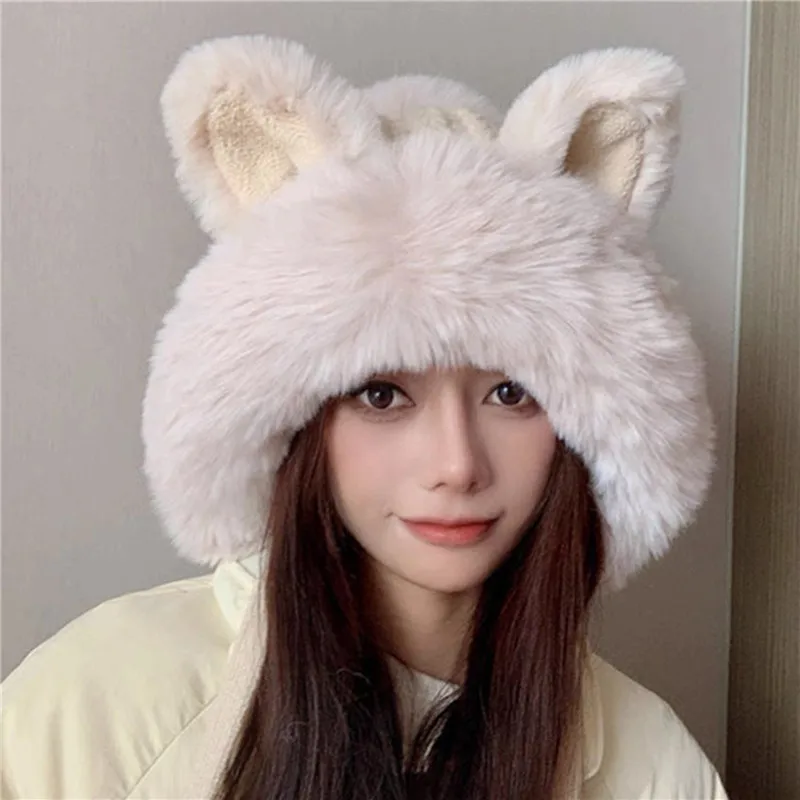 Big Ear Knitted Hat Velvet Warm Knitted Ear Protection Hat Pullover Hat Korean Cute Women's New Pink Plush Ball Hat Winter 4