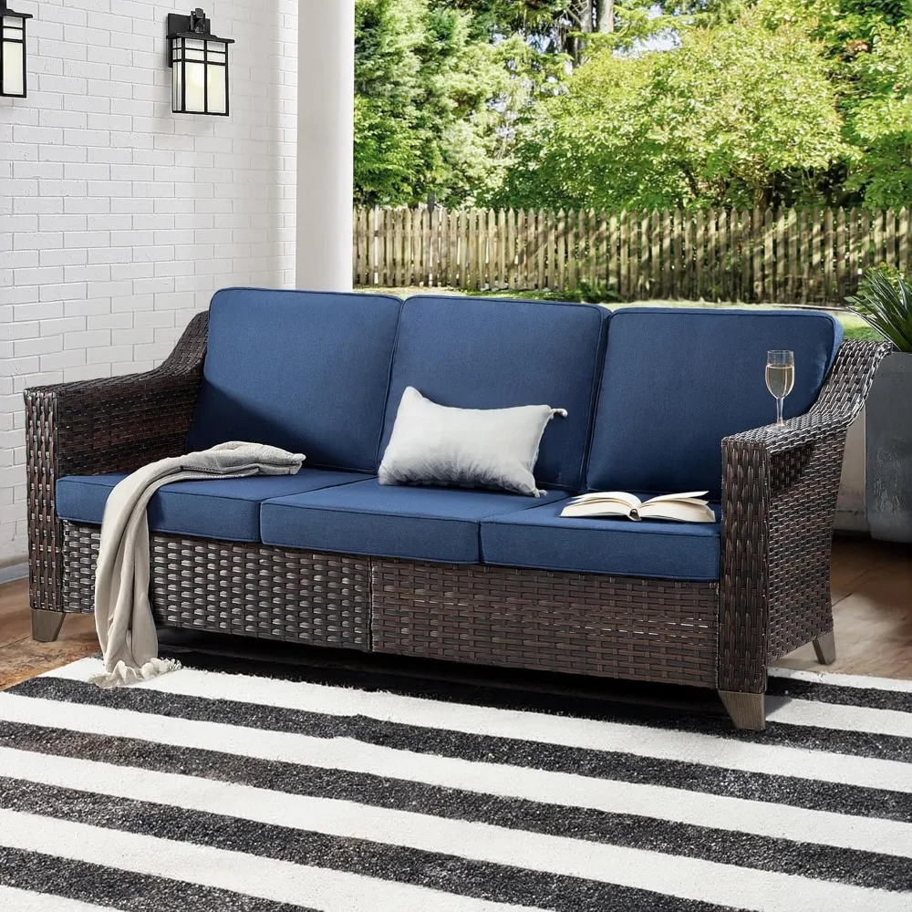 Patio Sofa, All Weather Outdoor Rattan Wicker 3-Seat Sofa High Back Couch with Premium Cushions for Garden Backyard Porch 3