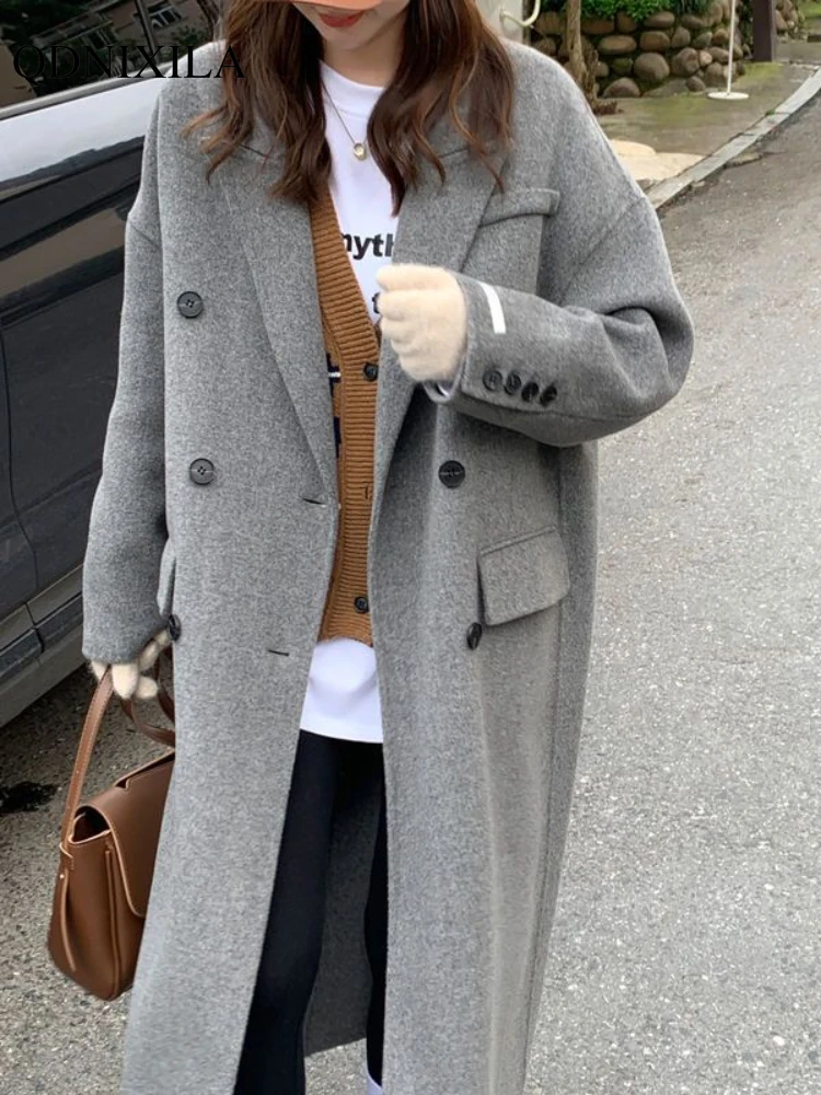 

2023 Korean Elegant Gray Thickened Loose Long Wool Coats and Mixtures Women's Coats Fashion New Woolen Winter Jackets for Women