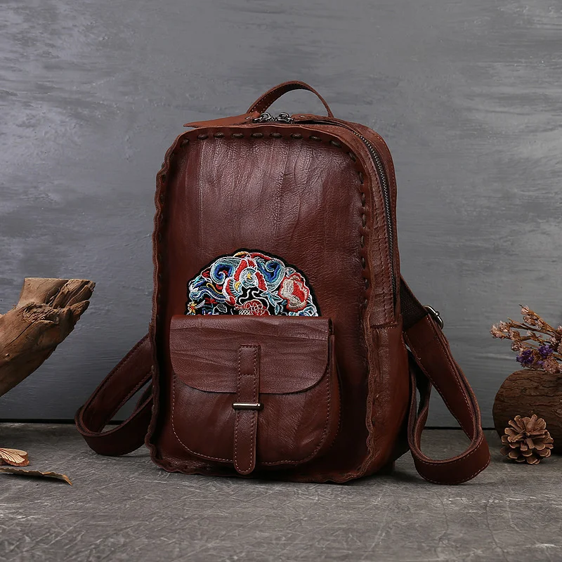 

Leather Backpack New Embroidery women's zipper backpack ethnic style design literary travel bag