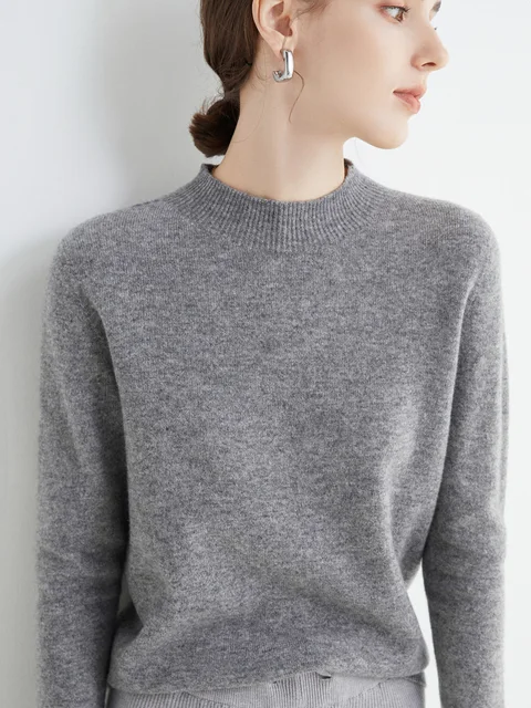 Fashion Basic Spring Autumn Merino Wool Sweater Mock-Neck Cashmere Pullover Solid Color Soft Long Sleeve Basic Clothing Tops 1