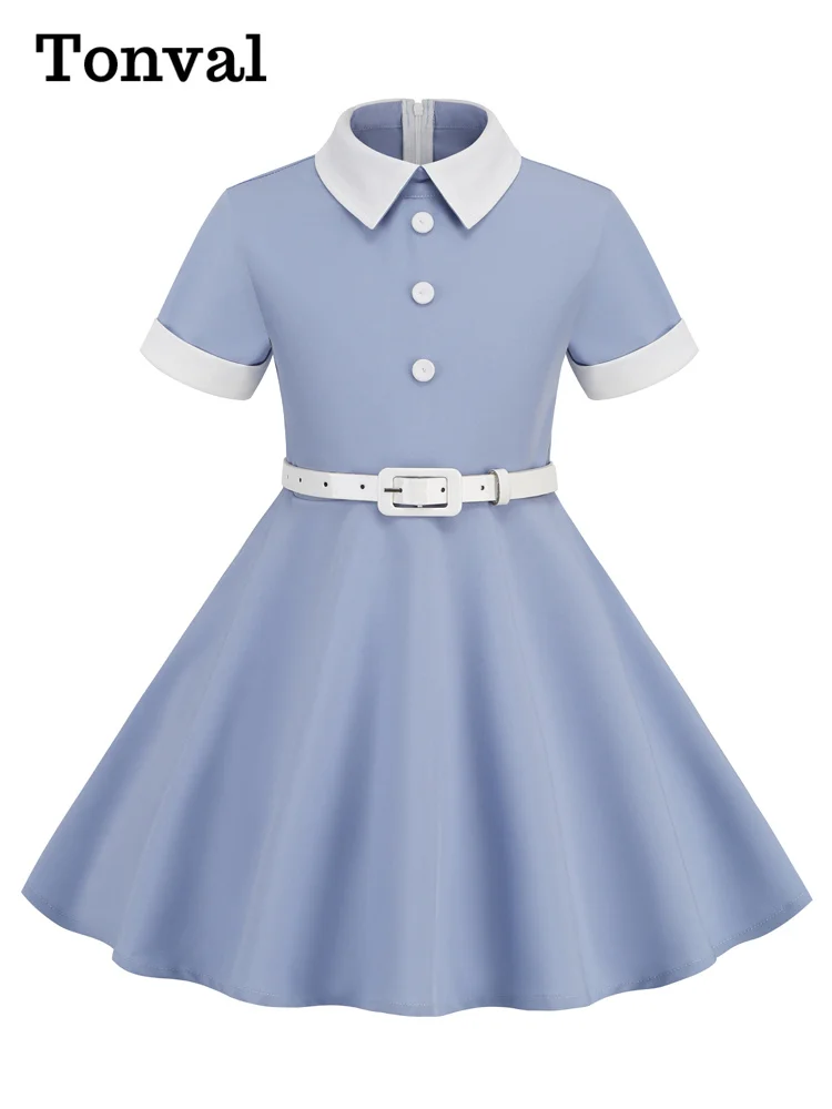 Tonval Turn Down Collar Button Front Vintage Childrenswear Short Sleeve Belted A-Line Kids Bridesmaid Dresses for Girls 5
