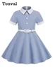 Tonval Turn Down Collar Button Front Vintage Childrenswear Short Sleeve Belted A-Line Kids Bridesmaid Dresses for Girls 5
