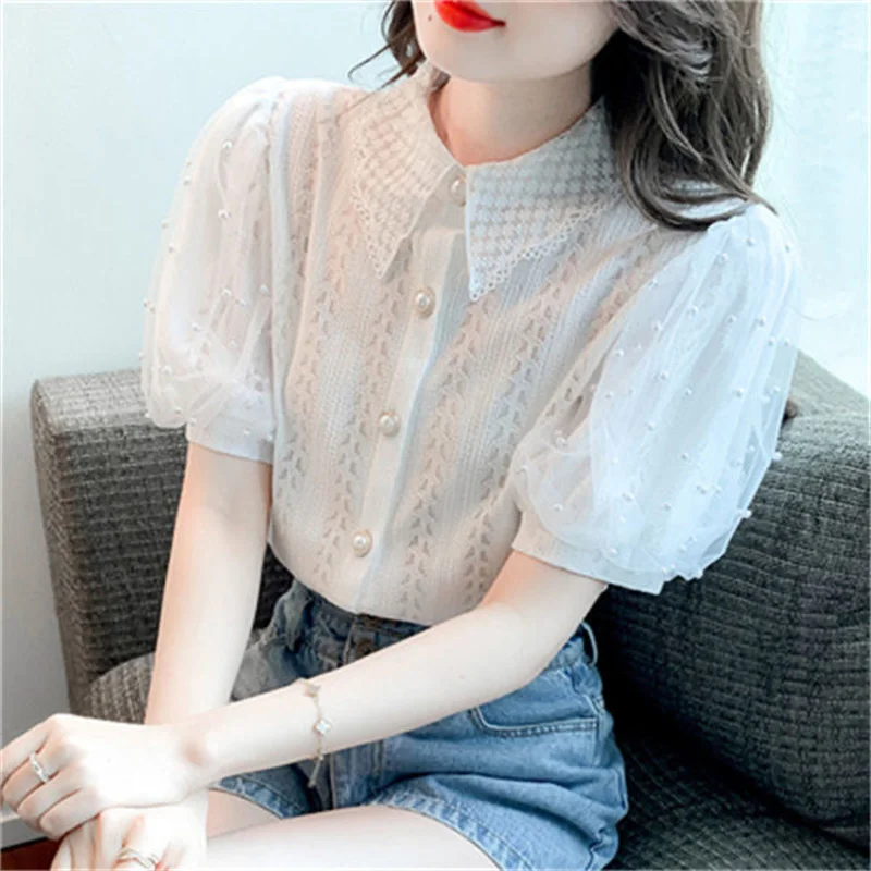여성 봄 여름 스타일 레이스 블라우스 셔츠 레이디 캐주얼 짧은 퍼프 슬리브 턴 다운 칼라 구슬 장식 블라우스 탑 WY1008