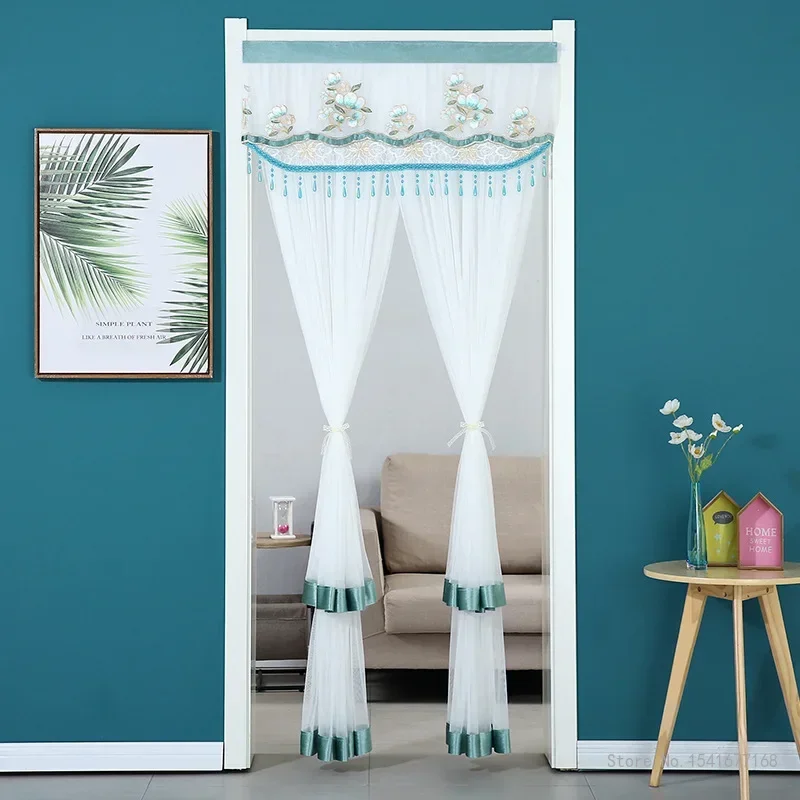 Punch-free Mosquito Screen Curtain Door Curtain, Breathable Bedroom Partition Curtain Double Layer Lace Embroidered Door Curtain