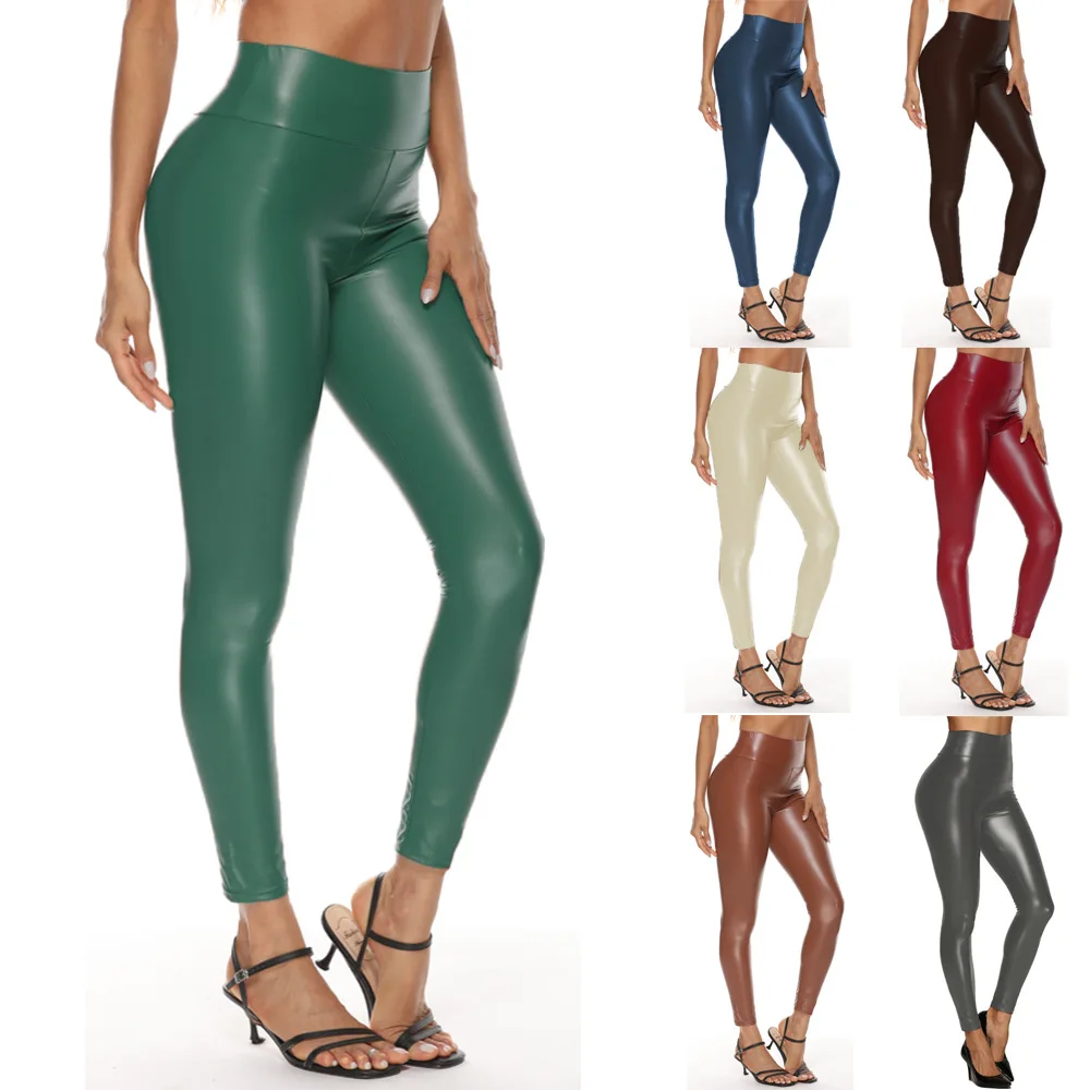 Leather Pants Leggings High Waist Women Sexy Elastic Skinny Push Up Leggings Stretch Jeggings High Rise Leggings Green Pants