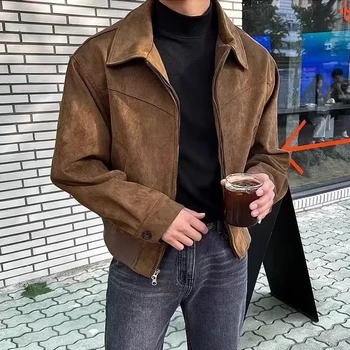 남성용 우아한 솔리드 다크 브라운 코트, 용수철 하이 엔드, 루즈 라펠 플러시 탑, 지퍼 짧은 재킷, 빈티지 스트리트웨어, 겨울 신상