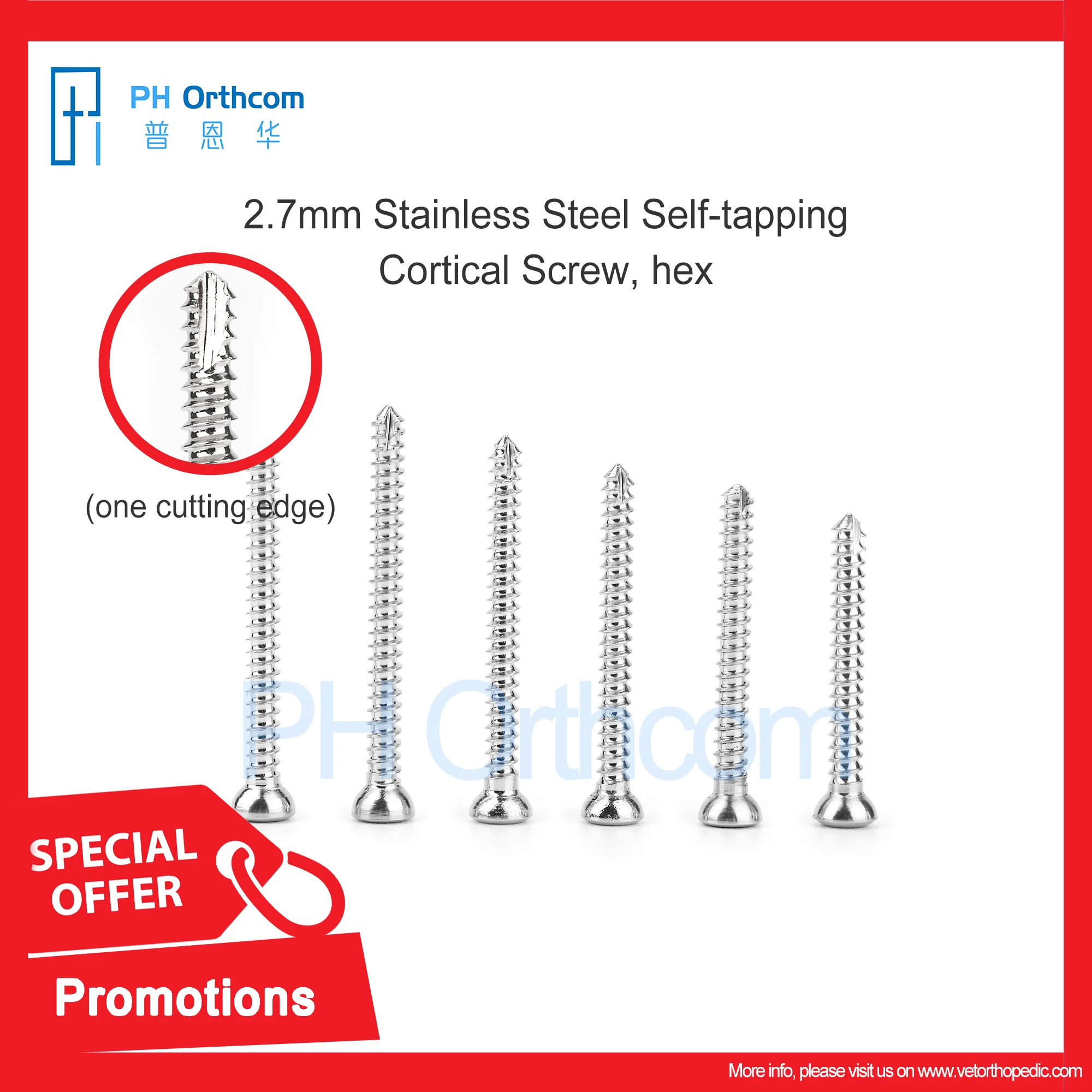 2.7mm Stainless Steel Self-tapping Cortical Screw Hex One Cutting Edge