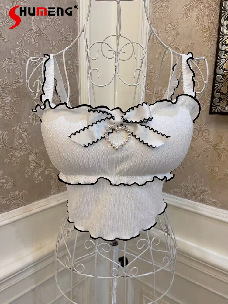 

French Style Sweet Girl Bow Pearl Heart Ruffles Edge Sling Crop Top Women Cute Slimming Contrast Color Short Padded Strap Vests