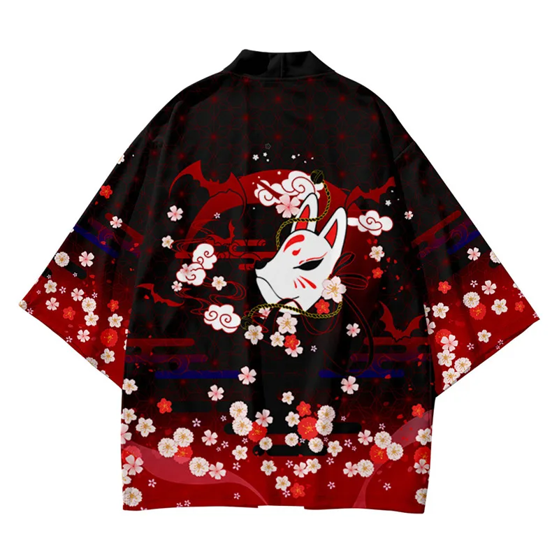 Flower Fox Kimono Yukata Men Women Cardigan Loose Blouse Haori Obi Asian Anime Clothes Harajuku Japanese Kimono