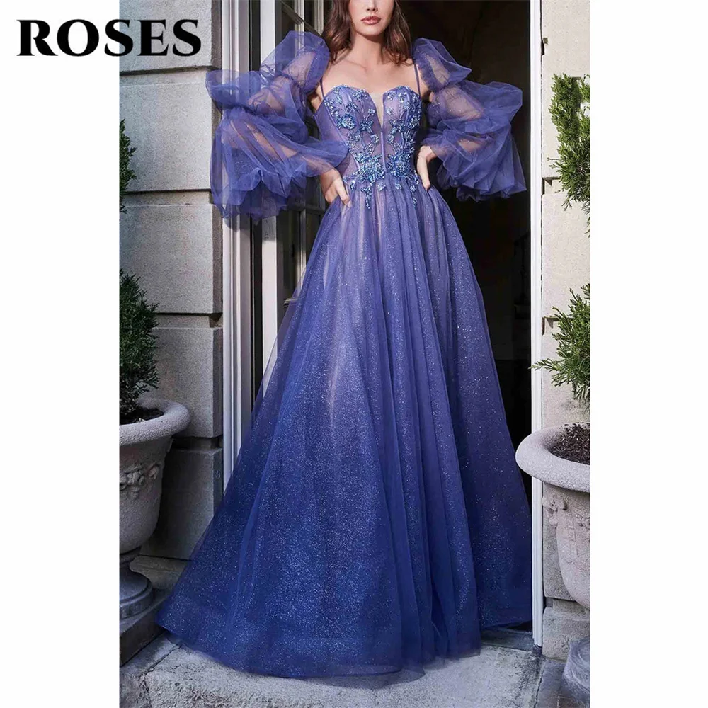 

ROSES Purple Prom Dress Stylish Tulle Removable Sleeves فستان سهرة Long Sleeve Applique Party Dress With Beading Evening Dresses