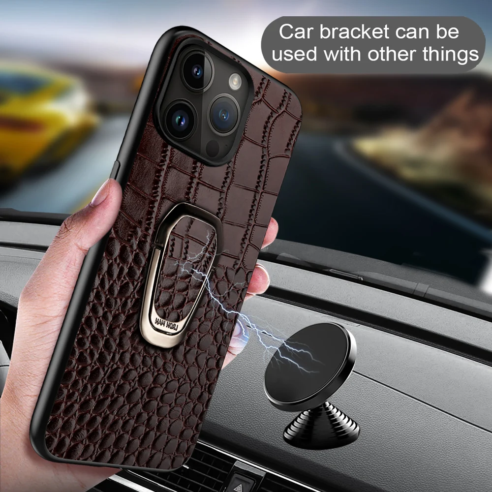 LANGSIDI-Bracket Leather Phone Case, Luxury Cover with Ring Holder, iPhone 15, 14, 12, 13 Pro Max, 15 Plus, XR, XS Max