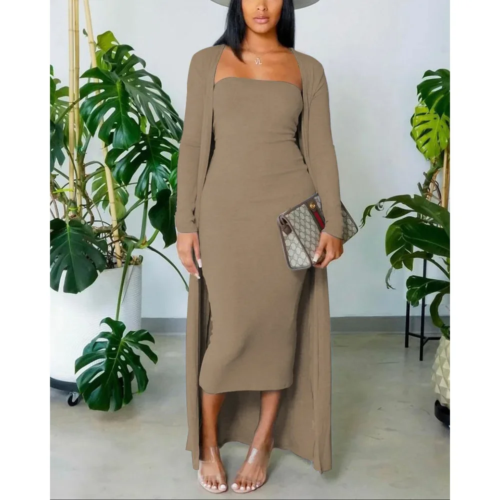 

2024 Women Solid Tube Corset Midi Long Bodycon Dress Women Tight Dress with Long Sleeve Longline Coat Two Piece Sets