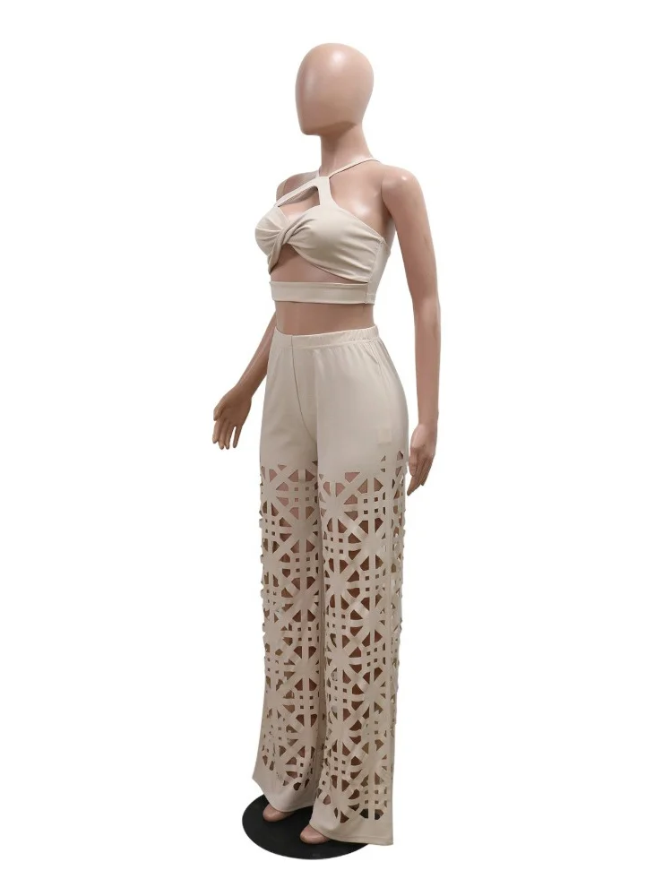 Wmstar Two Piece Set Women Sexy V Neck Bandage Sleeveless Hollow Out  Wide Leg Pants Matching Suits Wholesale Dropshipping New