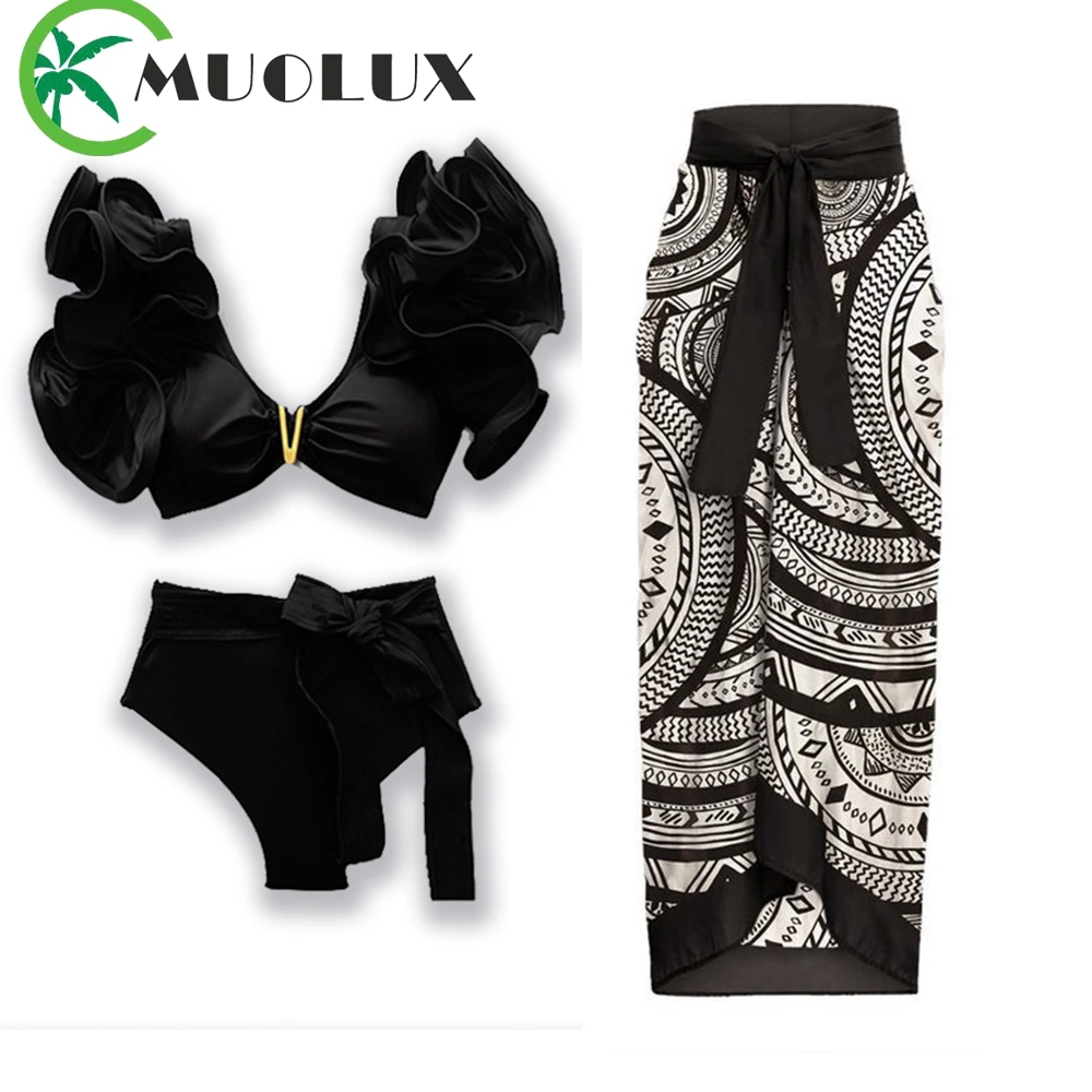 

MUOLUX 2023 New Sexy Solid Black Bikini Set Ruffle Swimwear Women Push Up Swimsuit High Waist Print Bathing Suit Biquini Skirt