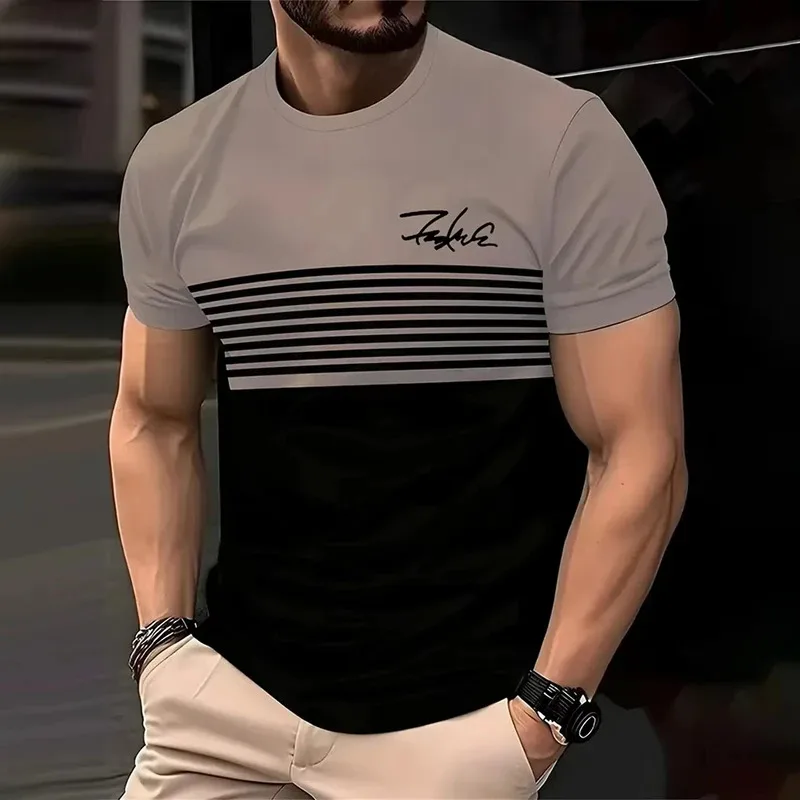 تي شيرت عصري مخطط مطبوع بأكمام قصيرة 2025 ربيع/صيف...