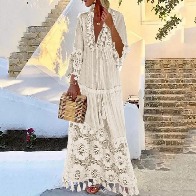 Robe longue bohème à pampilles pour femmes, col en V, grande taille, dentelle, monochromatique, robe élégante, mode décontractée, vacances Boho