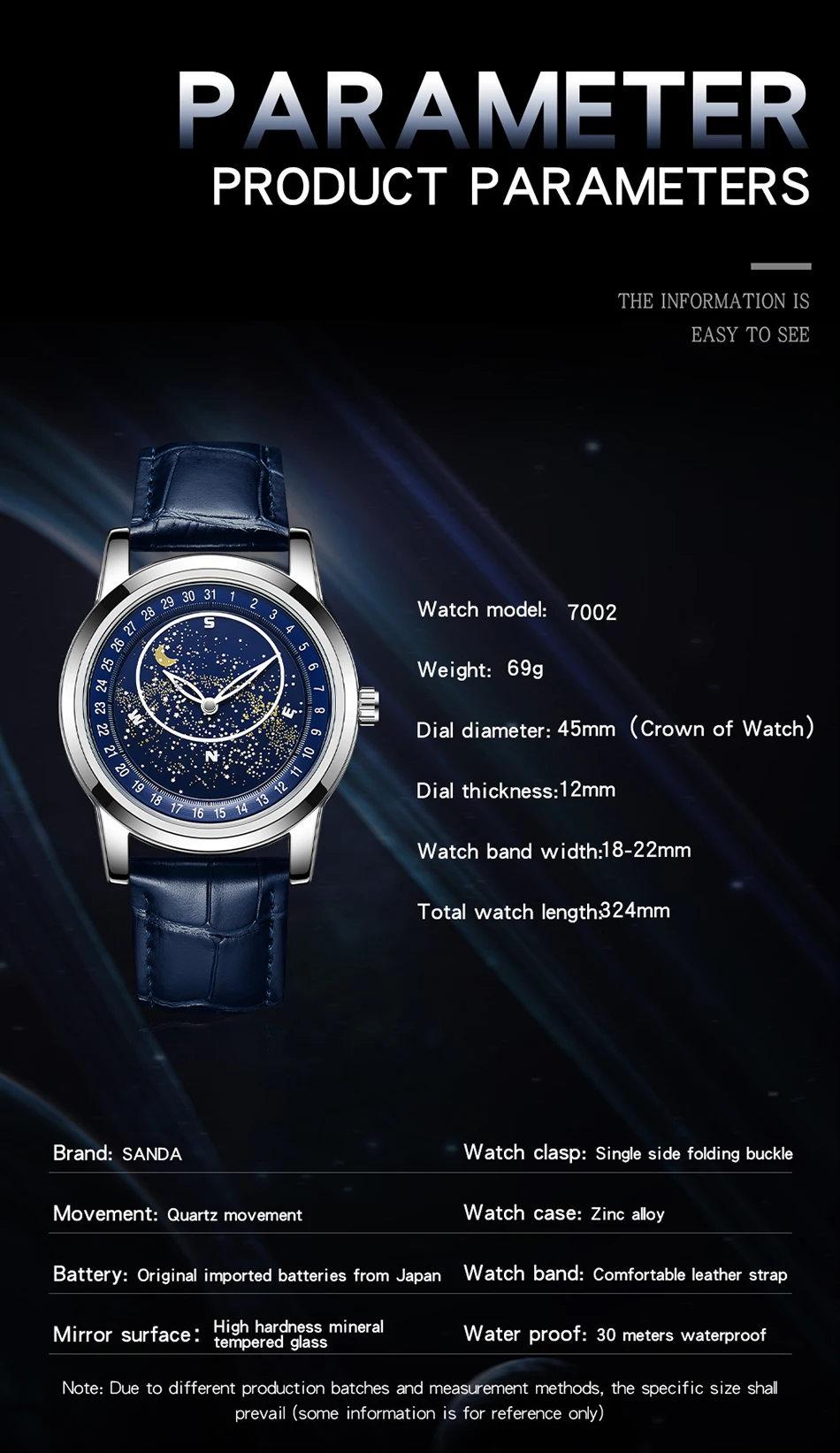 Sanda Men's Watches Quartz Men Watch Luxury Starry Sky Dial Fashion Luminous Waterproof Watches Genuine Leather Strap For Men 7002