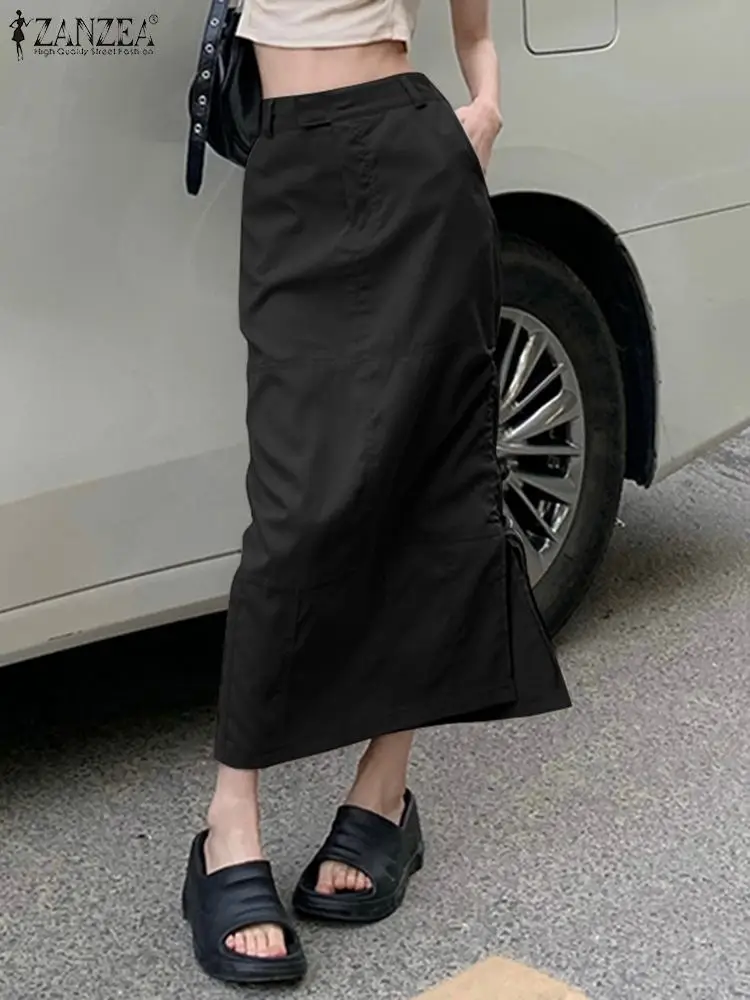 

ZANZEA Women Wrap Hips Cargo Skirt Vintage Jupes Spilt Hem Jupes Straight Elastic Waist 2024 Loose Elegant Maxi Skirt Streetwear