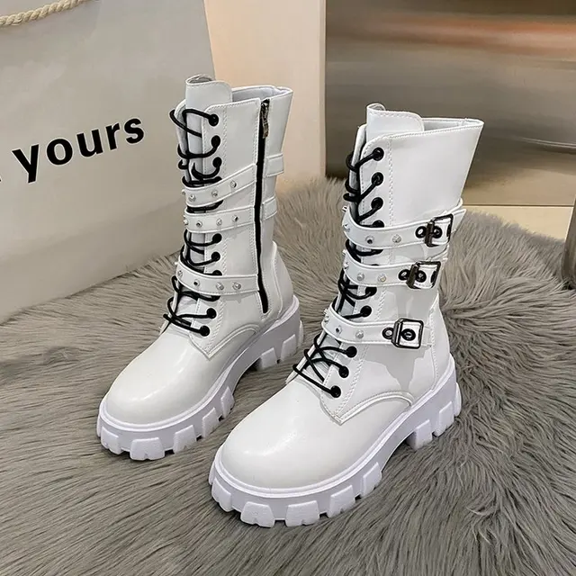 Thick Bottom Big Red Boots Fashion Punk High Top Mid Calf Boots Belt Buckle  Metal Decoration Side Zipper Red Bottom Boots - AliExpress