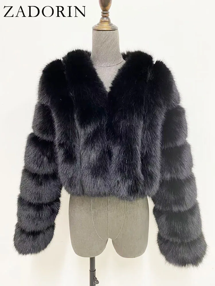 ZADORIN Luxury Cropped White Faux Fox Fur Coat Woman Clothing V